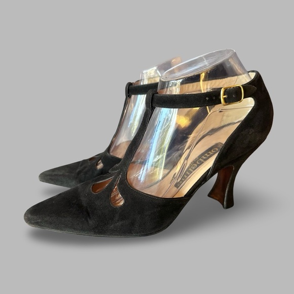 Vintage 90s in 40s style Ombeline Paris Black Suede T Strap Heels Flawed Sz 39 - Picture 2 of 6